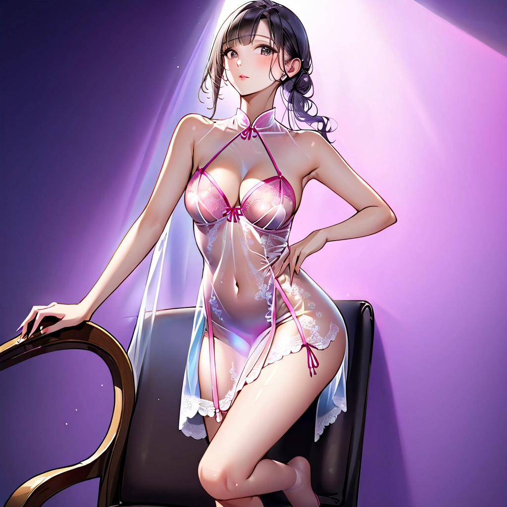 araffe woman in a pink lingerie posing on a chair, lingeries beauty, China dress, wearing sexy lingerie, Sensual, Fascinating, “ Sensual, Sexy Dress, Translucent dress, lingerie, laced lingerie, sexy gown, iridescent shiny thin lingerie, See-through dress, , woman, oriental fantasy, Comfortable, cute, thin,