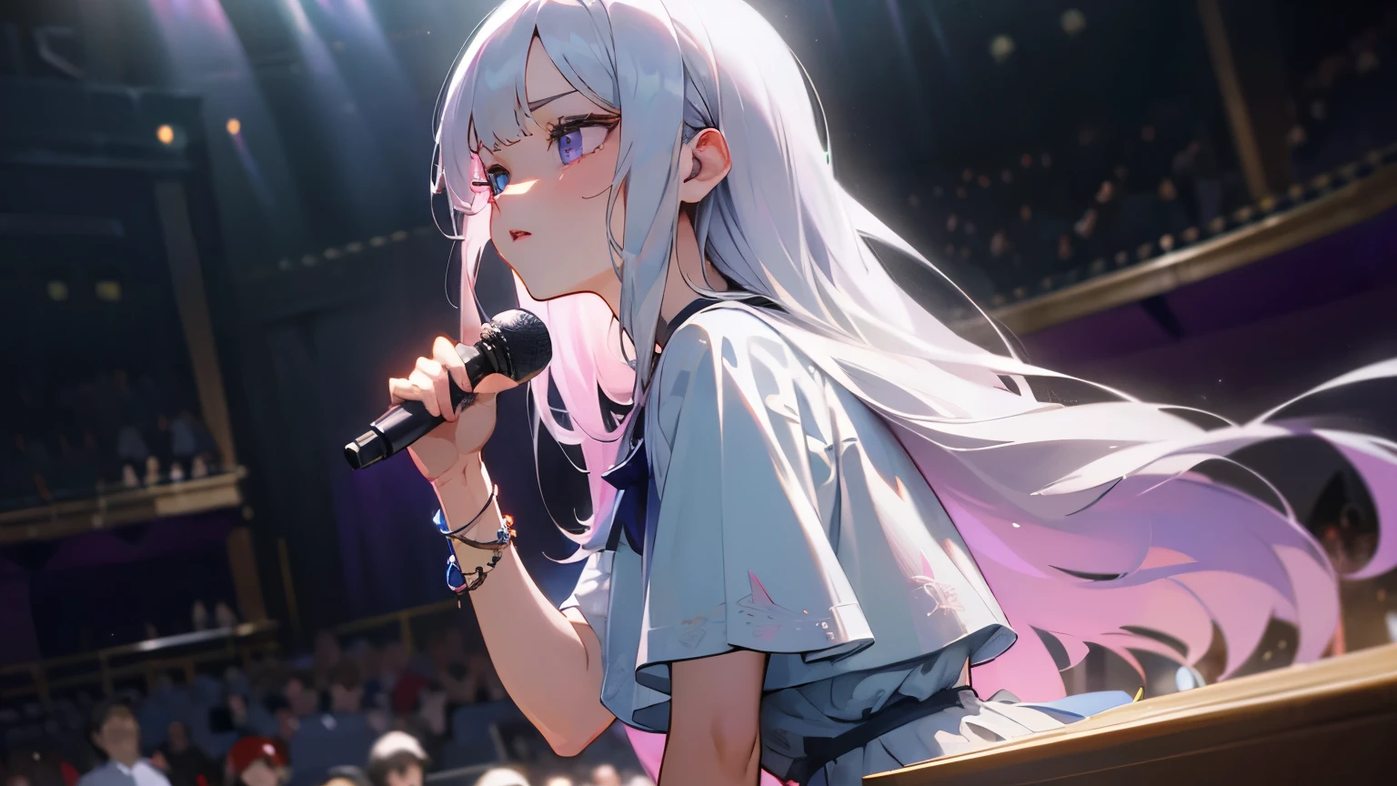 ((masterpiece)), Highest quality, (8k, Highest quality, masterpiece: 1.2), Very detailed, Inside the concert hall、1 female、platinum silver hair、Long Hair、Purple blouse shirt(Short sleeve)、bracelet、Pink Lips、Big eyes、Double eyelids、Beauty、Beautiful Eyes、singer、Mid-chest、stage、Spot Light、Gorgeous lighting、Singing earnestly、A pleading voice、Highest quality、最高masterpiece、Extremely detailed、Upper body composition、Front angle、singing、Serious expression、