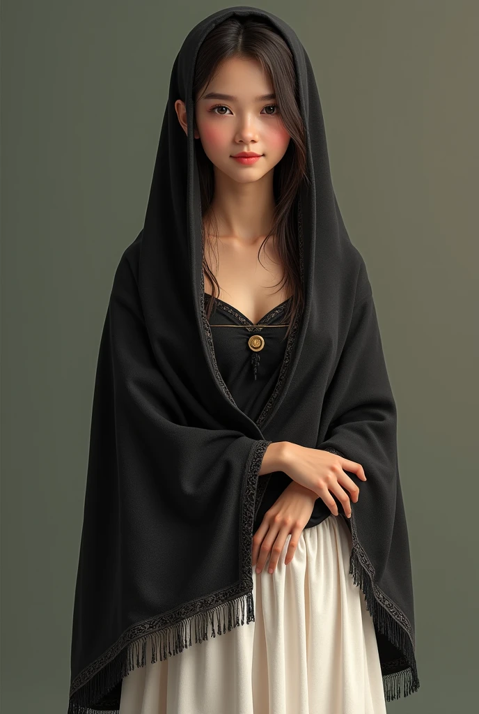 girl, wears filipino clothing, white skirt, BLACK shawl or scarf worn over both the shoulders(not too long) has design, has pin in the middle(connecting the scarf or shawl, with black sleeveless top inside, not sexy, filipiñana alampay