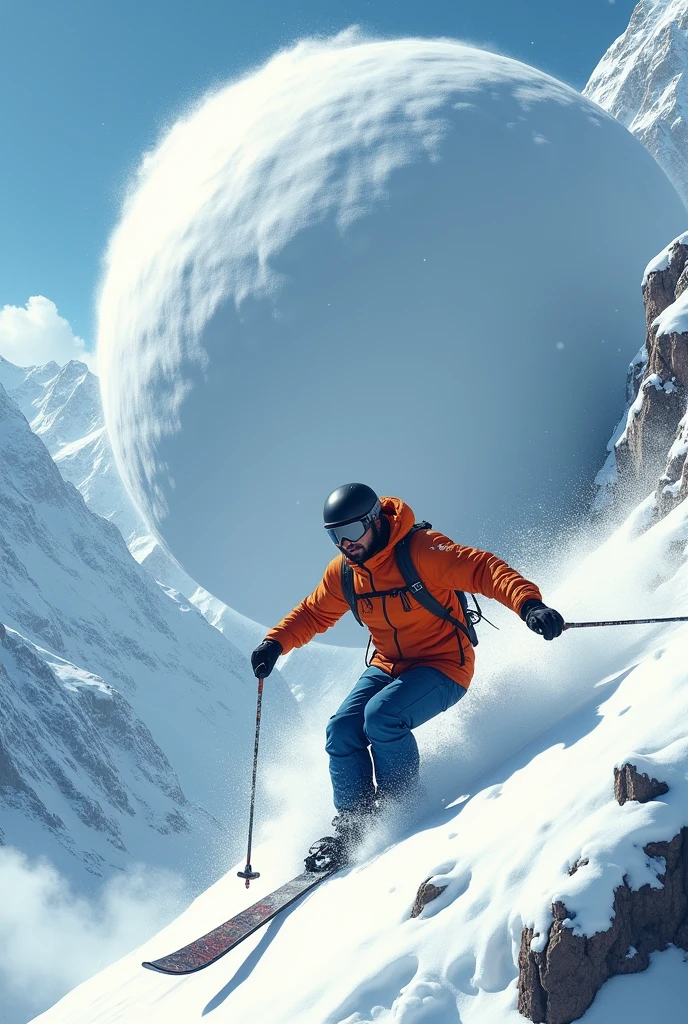 Large snow balls Toofan is back side of man, it's ready to jump on a man and a 30 years Indian young man is ski down with poles on the snow hills of mountain, he wears helmet, black glasses. he wears orange jacket, blue pant, shoes. He is scaring 