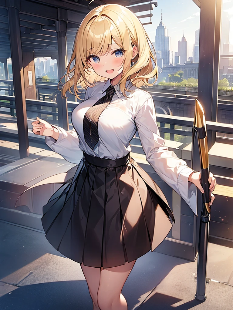 (Masterpiece, Top quality:1.5), full body, (1 beautiful girl, solo:1.2), (short height:1.2), (cocoon skirt:1.3), Blonde hair:1.1, medium Hair, wavy Hair, asymmetry bangs, swept bangs, airy hair, large breasts:1.2, smile:1.3, blush, beautiful scene of station platform, magnificent panorama view, blurry background, open mouth, dynamic pose, dynamic angle