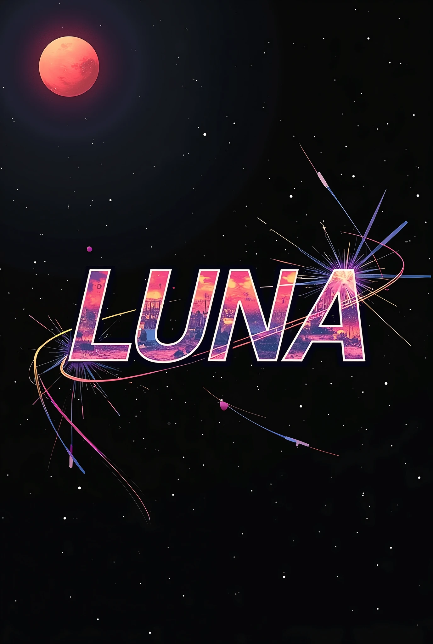 High resolution, logo spelling swiftly “Luna” cool, Jdm theme, anime theme, Cyberpunk vibe name spelling, brand logo, logo for tshirt, brand logo “LUNA”, neon vibes, acid trip vibes, acid trip, shooting stars, acid trip inside “LUNA”, acid trip, hallucinations inside “LUNA”, Waves of hallucinations, splash, waves of futuristic hallucinations, futuristic wave, stars in the background, red strange moon, waves of despair, black,