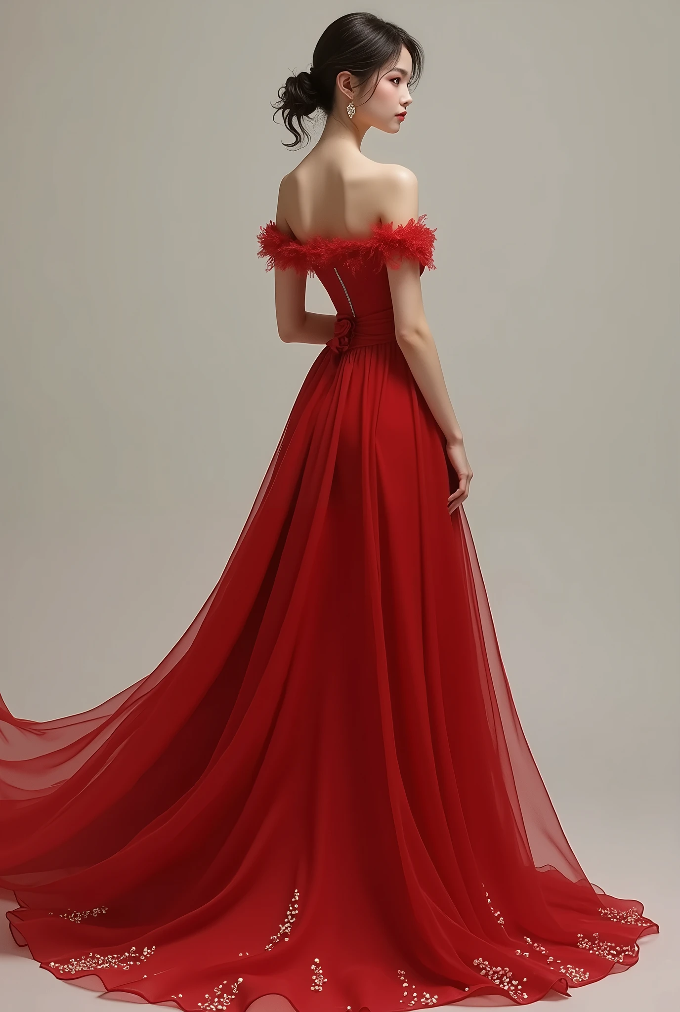 1girl fair drawing,9 heads figure, wears beautiful silk gown long with off shoulder with short hair, ponytail and long full dress unique new design pearled of red colour 