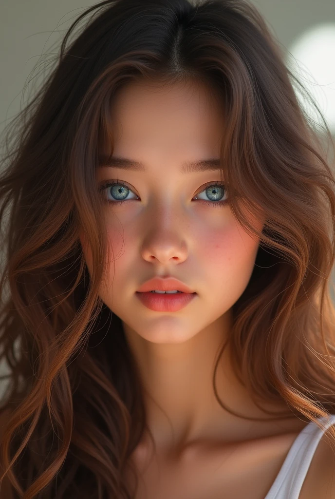 Teen from the front with long curly brown hair and blue eyes 
