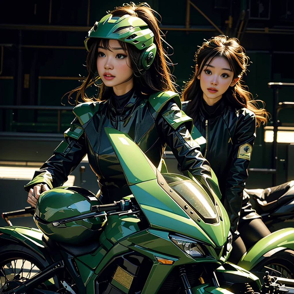 Highest image quality, outstanding details, ultra-high resolution, (realism: 1.4), the best illustration, favor details, highly condensed 1girl, with a delicate and beautiful face, dressed in a black and green mecha, wearing a mecha helmet, holding a directional controller, riding on a motorcycle, the background is a high-tech lighting scene of the future city.