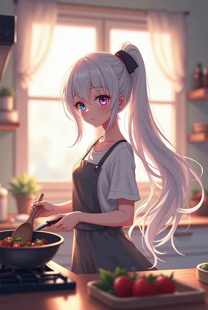 Long-haired anime girl with white hair, right eye dark blue, left eye pink, with ponytail cooking.