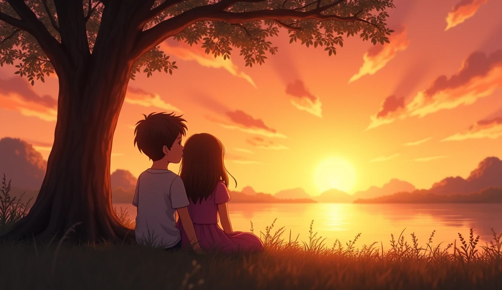 Design a image for video which can be seen by for 5 minutes where one boy and girl sitting are setting near a tree while watching beautiful sunset that captures the essence of a heartfelt love song The image should feature a soft, romantic scene with warm tones, like a couple embracing or a serene sunset. Include the song title in elegant, easy-to-read text, positioned to stand out without overwhelming the image. The overall design should evoke deep emotion and love, drawing viewers in to click and listen. make image size of youtube video 16:9