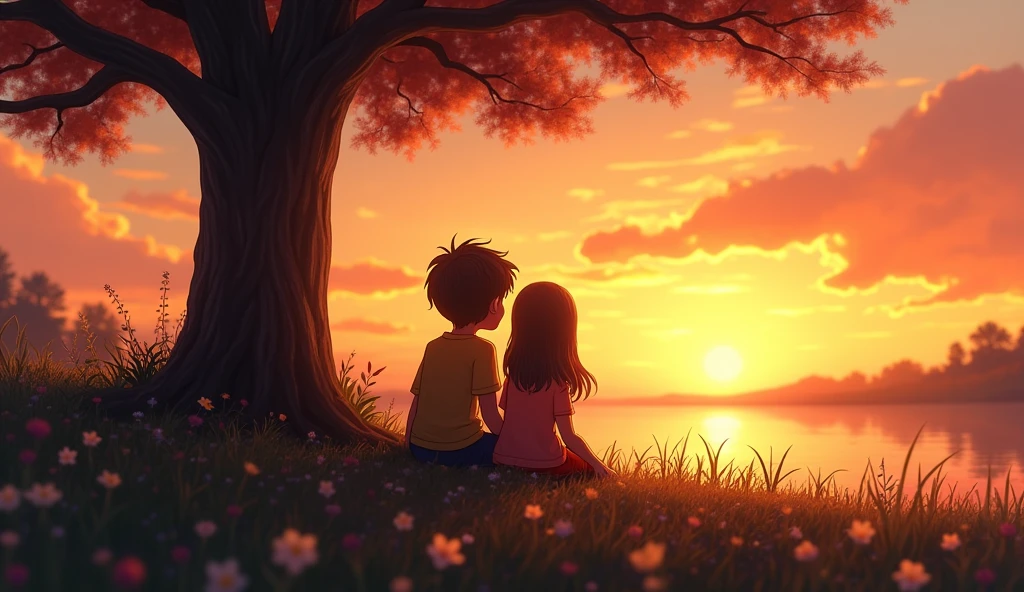 Design a image for video which can be seen by for 5 minutes where one boy and girl sitting are setting near a tree while watching beautiful sunset that captures the essence of a heartfelt love song The image should feature a soft, romantic scene with warm tones, like a couple embracing or a serene sunset. Include the song title in elegant, easy-to-read text, positioned to stand out without overwhelming the image. The overall design should evoke deep emotion and love, drawing viewers in to click and listen. make image size of youtube video 16:9