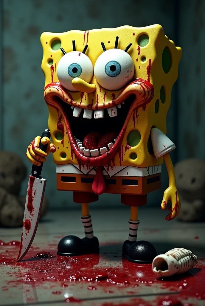 I want to create a SpongeBob with sharp teeth, blood all over his body and a knife in his hand and a lot of blood, much scarier, much scarier with sharper teeth.