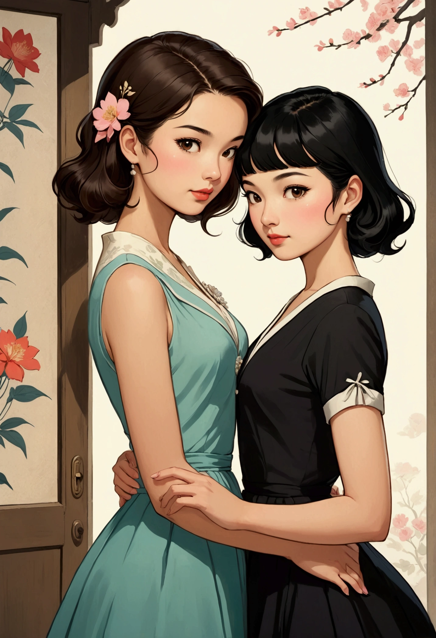 Two beautiful women in love, in a tender attitude towards each other, Sarah Kay style, one British, with semi-short light brown hair, and the other woman with delicate Asian features, with long black hair, both dressed in a 50s style.