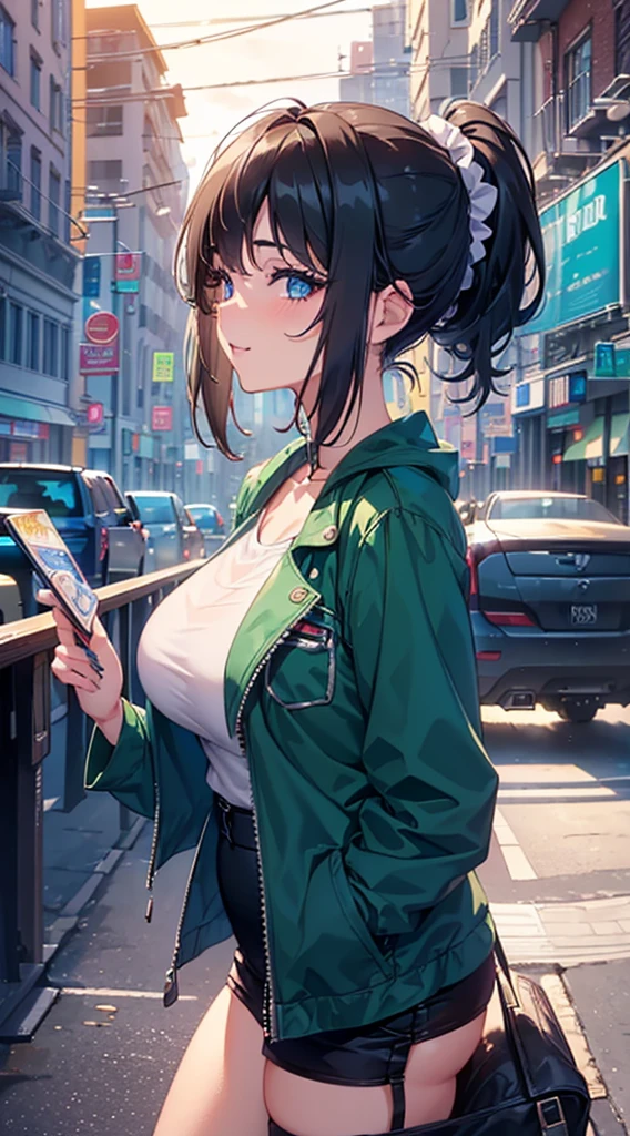 ((short hair, Highest quality, High resolution, Hmph, Pixel perfect, 4K, Hmph, Hmph))), One Girl, single, alone, Beauty、 (( bangs, Black Hair、ponytail、Scrunchie)), ((Big blue eyes, Beautiful eyelashes, Realistic eyes、Double)), ((Detailed smile, )), ((Smooth texture:0.75, Realistic texture:0.65, Realistic:1.1, Anime CG style)), Big Breasts, Perfect body, green spencer jacket、pants