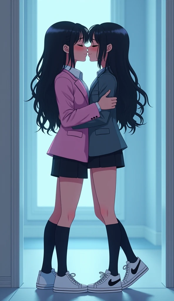 Two girls, long black hairs, yuri, lesbian
The first girl wear a pink suit jacket, white shirt, black pencil skirt, black underpants, long black socks, white nike sneakers high top.
The second girl wore a grey suit jacket, white shirt, black pencil skirt, black underpants, long black socks, white nike sneakers high top.
french kiss, lesbian kiss, hugging, sensual body, closed eyes, light blue room, novel cartoon, 4K, HD