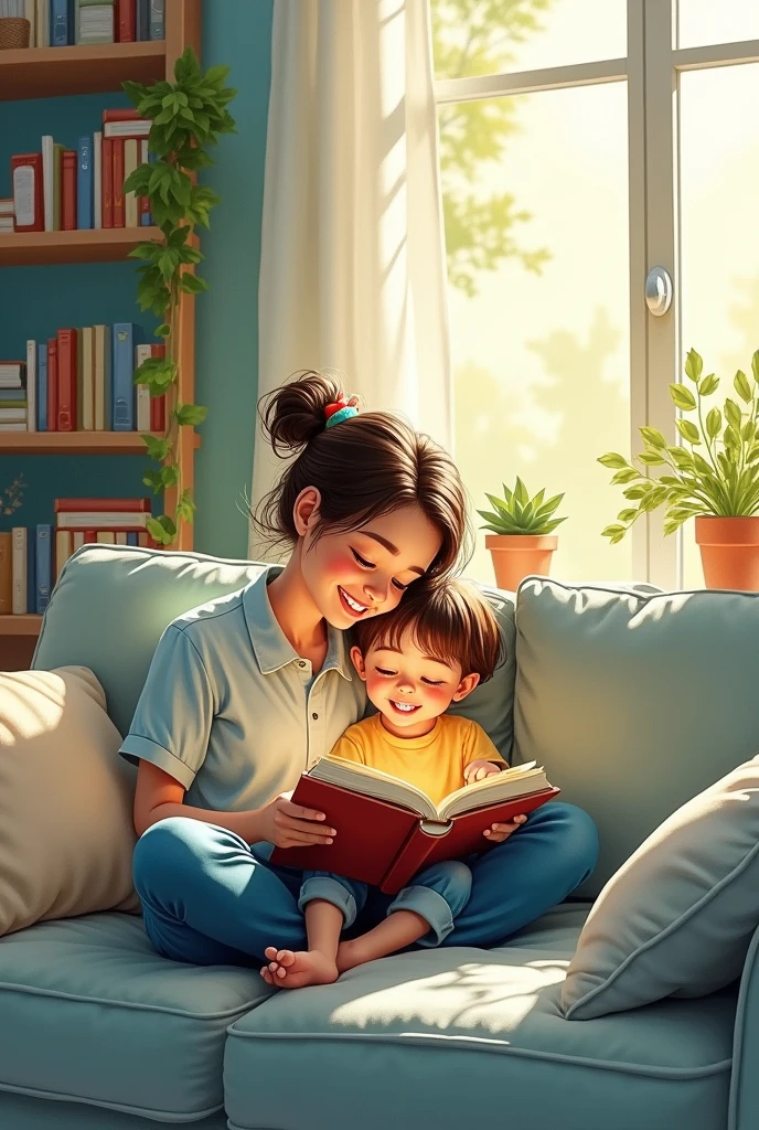 A watercolor artwork of a parent reading to a child on a couch, the scene full of warmth and connection. Gentle blues, greens, and soft yellows dominate, with sunlight filtering through a nearby window. The background is a cozy living room with bookshelves and soft furnishings. Created Using: fluid watercolor blending, expressive brush strokes, gentle light effects, homey ambiance, delicate shading, storytelling moment, hd quality, natural look --ar 3:4 --v 6.0