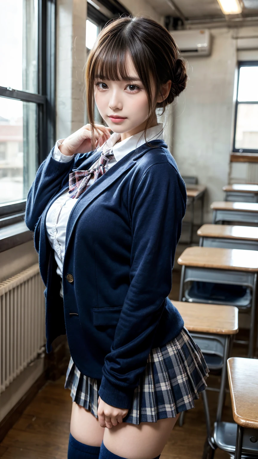 masterpiece, best quality, illustration, Super detailed, fine details, High resolution, 8K,wall paper, perfect dynamic composition,(Details High quality, realistic depiction of eyes:1.3), from side, High School Classroom、High school girl uniform、blazer 、Super Short Check Uniform Skirt、Navy blue high socks、garterbelts、plump breasts, Disturbed uniform,  (updo:1.2), black hair color, large breasts, Big Natural Color Lip, bold sexy pose, (perfect body shape), crying a little、20 year old girl、cute type, beautiful legs, hposing Gravure Idol, Voluptuous thighs