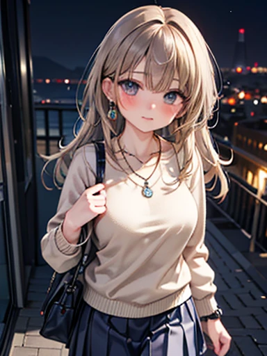 ((masterpiece, Highest quality, High resolution,4K)), One Girl, single, alone, Beautiful Anime Girls, Anime characters, 24-years-old, I could see the whole body,((Wavy long hair、Shiny light beige hair,Curly Hair:0.6)), ((Detailed face, blush:1.2)), ((Detailed eyes, Beautiful eyelashes、Anime Eyes Style, Beautiful Eyes, Grey Eyes:1.8, Glitter effect)), ((Smooth texture:0.75, Realistic texture:0.65, Realistic:1.1, Anime CG style)), Dynamic Angle, Big Breasts, valley、Perfect body, ((Run,walk、 cute, Hand in hand)), ((Casual clothing, White sweater, Short pleated skirt, good、I can see your attractive thighs)), Outdoor Background, Absurd background, ((night, night lights)), Urban construction, ((Minimalist Necklace, Earrings、Beige mini bag))、I can see your pants、足を出してwalk、Trembling in the chest、look at my watch