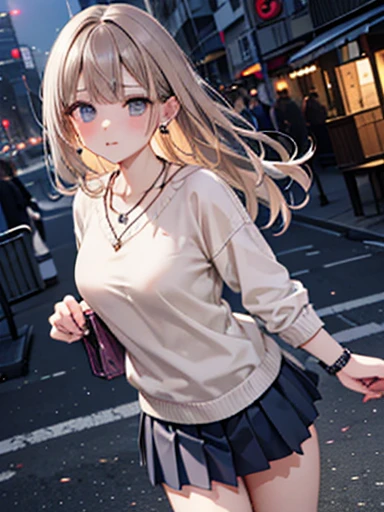 ((masterpiece, Highest quality, High resolution,4K)), One Girl, single, alone, Beautiful Anime Girls, Anime characters, 24-years-old, I could see the whole body,((Wavy long hair、Shiny light beige hair,Curly Hair:0.6)), ((Detailed face, blush:1.2)), ((Detailed eyes, Beautiful eyelashes、Anime Eyes Style, Beautiful Eyes, Grey Eyes:1.8, Glitter effect)), ((Smooth texture:0.75, Realistic texture:0.65, Realistic:1.1, Anime CG style)), Dynamic Angle, Big Breasts, valley、Perfect body, ((Run,walk、 cute, Hand in hand)), ((Casual clothing, White sweater, Short pleated skirt, good、I can see your attractive thighs)), Outdoor Background, Absurd background, ((night, night lights)), Urban construction, ((Minimalist Necklace, Earrings、Beige mini bag))、I can see your pants、足を出してwalk、Trembling in the chest、look at my watch