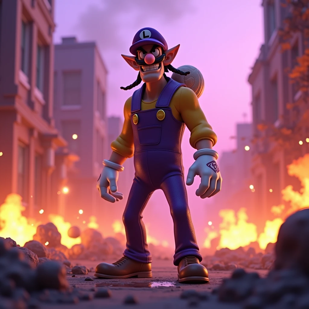 high quality,4K,HD,explode,Fires Everywhere,Smoky,3d,3d rendering,pixar,waluigi,waluigi戴着紫色帽子和紫色背带裤,White gloves,背着Snail壳,Black beard,Dark Mario,end ,Pink-purple tones,Purple sky,,Snail,Dilapidated,Pink flame,Dark,