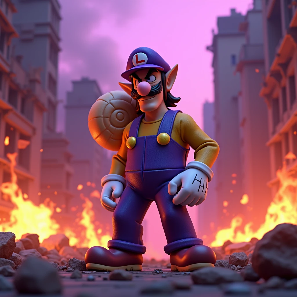 high quality,4K,HD,explode,Fires Everywhere,Smoky,3d,3d rendering,pixar,waluigi,waluigi戴着紫色帽子和紫色背带裤,White gloves,背着Snail壳,Black beard,Dark Mario,end ,Pink-purple tones,Purple sky,,Snail,Dilapidated,Pink flame,Dark,