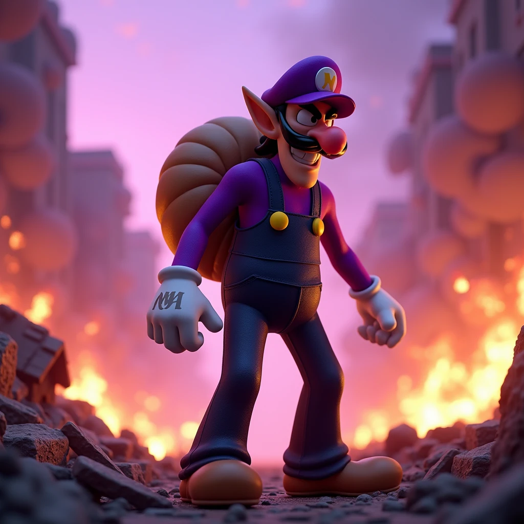 high quality,4K,HD,explode,Fires Everywhere,Smoky,3d,3d rendering,pixar,waluigi,waluigi戴着紫色帽子和紫色背带裤,White gloves,背着Snail壳,Black beard,Dark Mario,end ,Pink-purple tones,Purple sky,,Snail,Dilapidated,Pink flame,Dark,