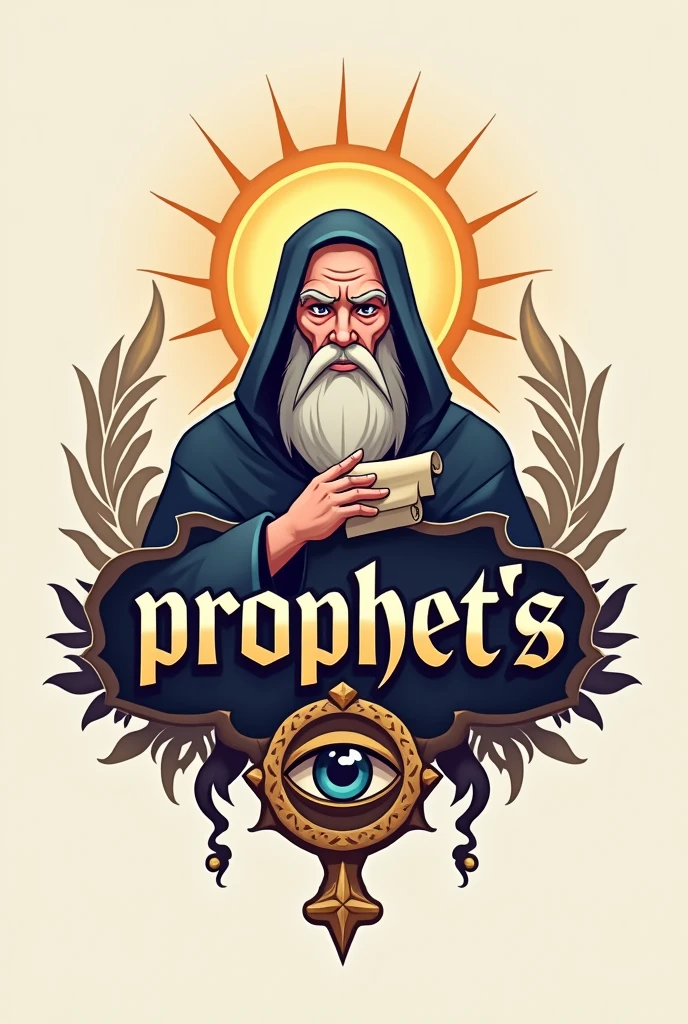 
Create a logo with the theme "PROPHET&#39;S" for online shooting game, showing an illustrative animated character with a disempowered expression and with the theme below in Portuguese Elegant Typography: Use a fancy font for the word "PROPHET&#39;S", that conveys a sense of authority and wisdom.

Religious or spiritual symbols: Incorporate symbols related to prophecy, like a star, a halo or a radiant light.

Graphic elements: Add graphic elements that represent knowledge and insight, like an eye, a quill or a parchment.

Paleta de cores: Choose colors that convey wisdom and clarity, like golden, dark blue or purple.

Clean and Professional Design: Keep the design simple and elegant, to convey an image of trust and respect.