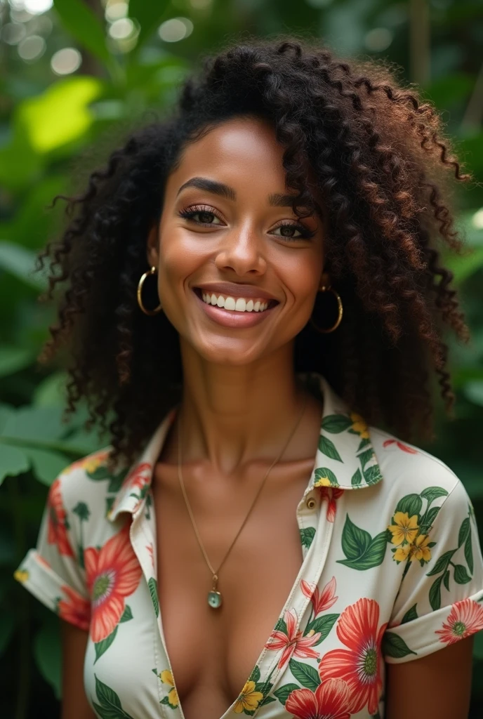 A Brazilian woman in a lush tropical garden, wearing an open shirt with a floral print, with a close-up capturing the harmonious beauty between her breasts and the natural flowers, showing off your natural charm and outgoing personality.