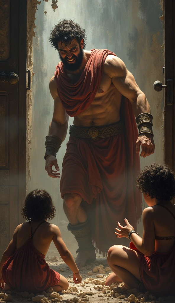 "Hercules, in a state of madness induced by Hera, depicted as a tormented and anguished figure, wearing ancient Greek garments, in a chaotic and distressing scene at his home with his wife and children, hyper-realistic, photo realism, cinematography -- ar 9:16."