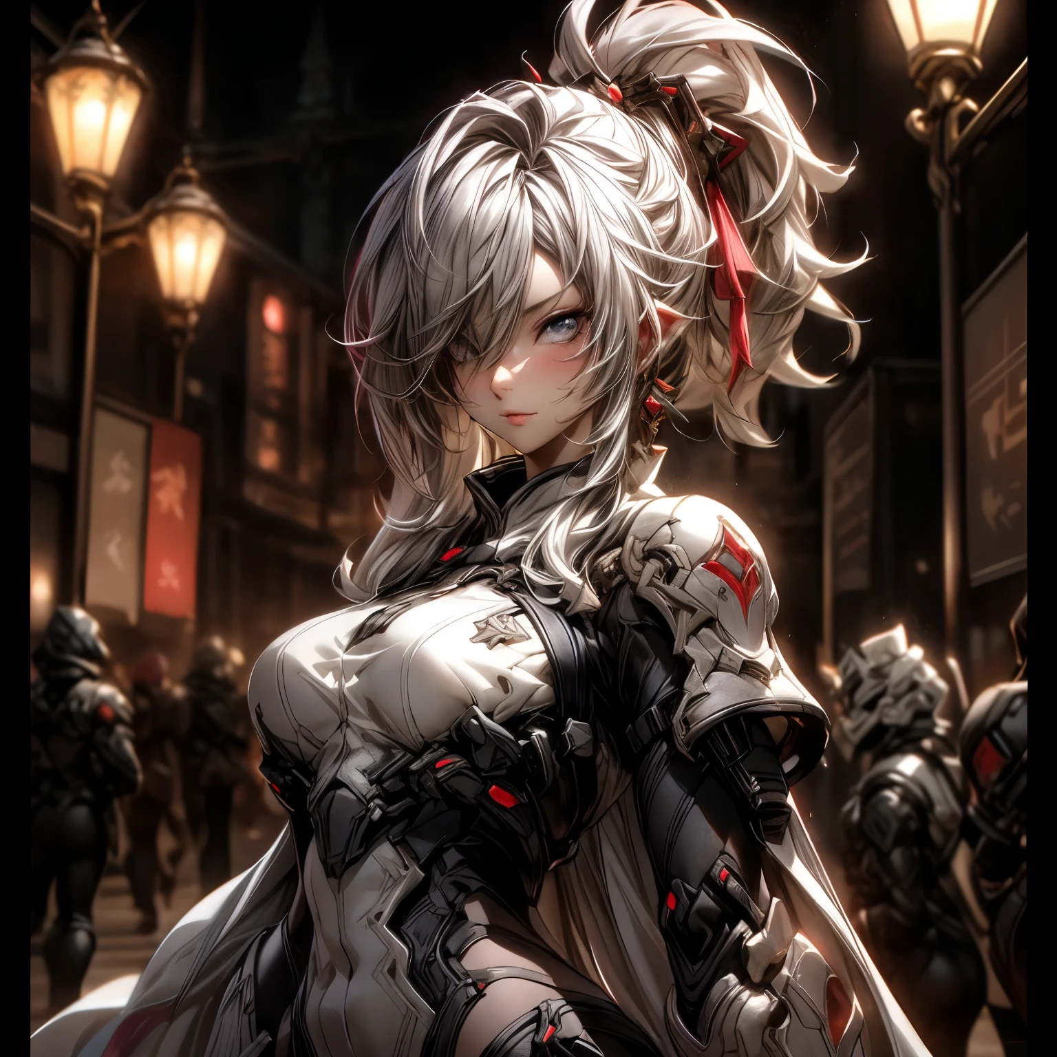 (best quality)), ((Masterpiece)), (details:1.4), 3d, HDR (high dynamic range), an image of a beautiful cyberpunk female, Cyberpunk, Medieval, Fantasy, Pink hair, High ponytail, Beautiful White eyes, จมูกโด่ง, ปากแดง, หน้าอกใหญ่, nvidia RTX, PBR surface, After processing, Anisotropic filtration,depth of field, Maximum clarity and clarity, multi-layered surface, Subsurface scattering, perfect proportions, 8K raw files, ultra detailed, Perfect proportions, volumetric lighting, soft lighting, Holy Paladin, Heavy Golden Armor, Red dress, glossy skin, intricate Silver embroidery, Castle Hall background, jewely, ต่างหู, นิ้วมือสมบูรณ์,