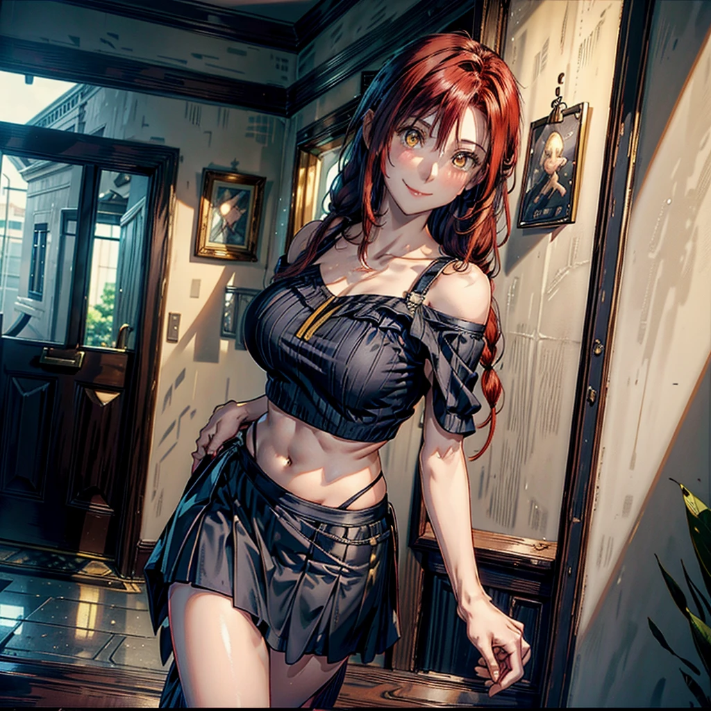 women, natural redhead, by the wide, 2 braids, Whole body, standing, short black skirt, White off-the-shoulder shirt, yellow eyes, chest a little big, Leaning on the entrance of a door, View up, flirtatious smile, mischievous smile.