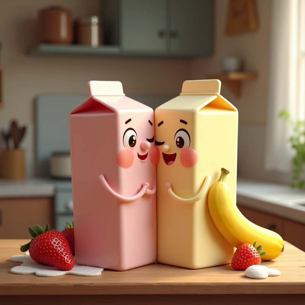There is a carton of banana milk and a carton of strawberry milk on a table in a kitchen. milks humanoid eyes, has a nose and lips. strawberry milk feminine, banana milk manly. They are kissing on the table and they are happy..
