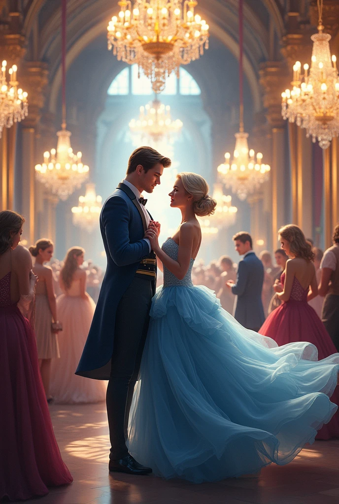 Cinderella at the ball , with the prince inviting Lara to fançar , in blue dress