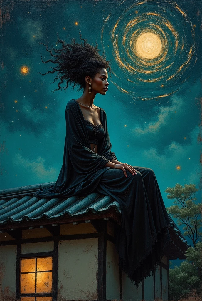 "Oil painting with impasto thick brush strokes. A beautiful black woman sitting over a roof of a japanese house at night with stars flying around its head, a full body shot, in the style of impressionism with thick paint texture and a low angle view against a dark background creating a dreamy, fantasy-like and surreal mood. A vintage oil painting"