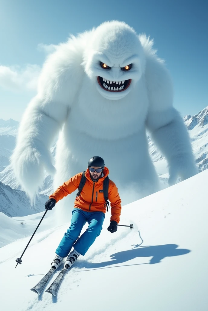 Large snow balls Toofan is back side of man, it's ready to jump on a man and a 30 years Indian young man is ski down with poles on the snow hills of mountain, he wears helmet, black glasses. he wears orange jacket, blue pant, shoes. His face is scaring