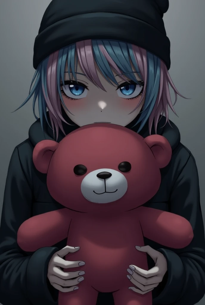 person holding cranberry color bear, feels numb, person hair is short and has tye dye hair, black beanie on head, goth, has blue eyes