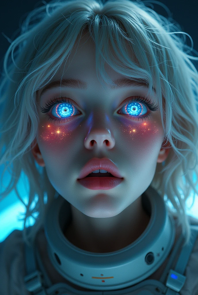 (Close-up of a better masterpiece: 1.5) 0.9], (Space and astronauts: 1.2) (Disheveled silver hair: 1.1) (Xanthochromia heterochromia and blue eyes: 1.2) (space helmet: 1.0) (colorful stars in the eyes: 1.0) (A radiant glow: 1.1) (thick lips: 0.9)