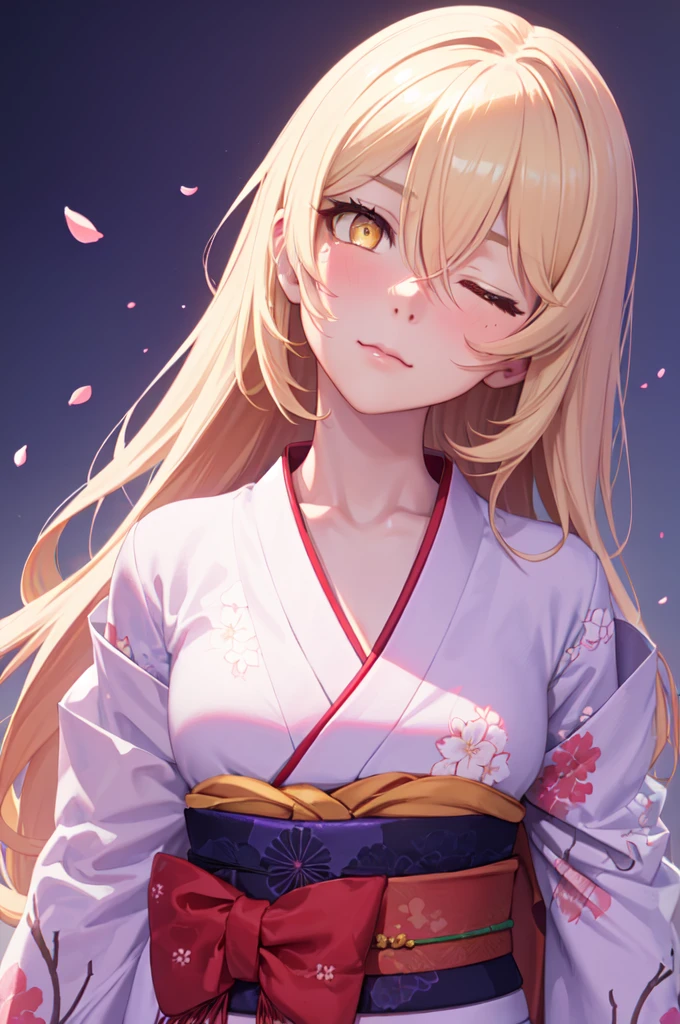 Misaki Shokuhou, (Symbol-shaped pupil:1.5), + +, Blonde, Hair between the eyes, Long Hair, (Yellow Eyes:1.5), (Medium chest:1.2), (japanese clothes, red kimonos:1.5, floral print, kimono, print kimono, sash, wide sleeves, obi), beautiful girl wearing traditional japense komona, break outdoor, Many red cherry blossom petals fall one after another, break looking at viewer, upper body, break (masterpiece:1.2), Highest quality, High resolution, unity 8k wallpaper, (figure:0.8), (Beautiful attention to detail:1.6), Highly detailed face, Perfect lighting, Highly detailed CG, (Perfect hands, Perfect Anatomy), (3D Face:1.1), (Shiny skin:1.5), (超High resolution intricate face details), (Facial skin pores:1.3), 超High resolution cloth texture, one eye closed, Blushing, Swayback stance:1.5, arms behind back, head tilt:1.3