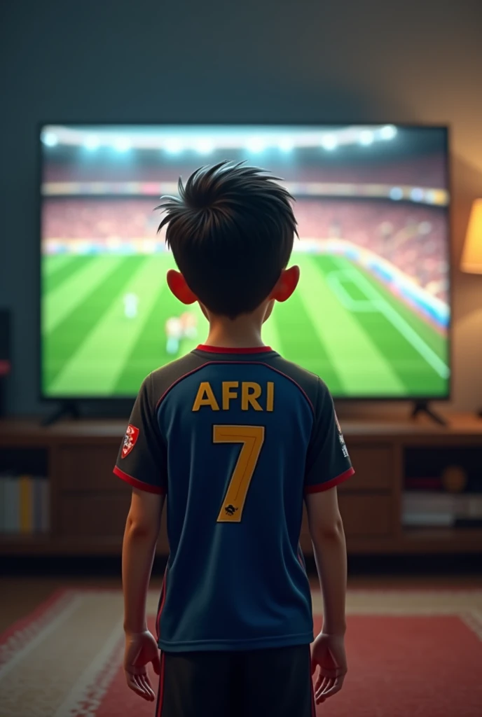 A smart boy watching football match in TV and he wear the Al nassr team jersey and behind of his jersey named as AFRI and number 7