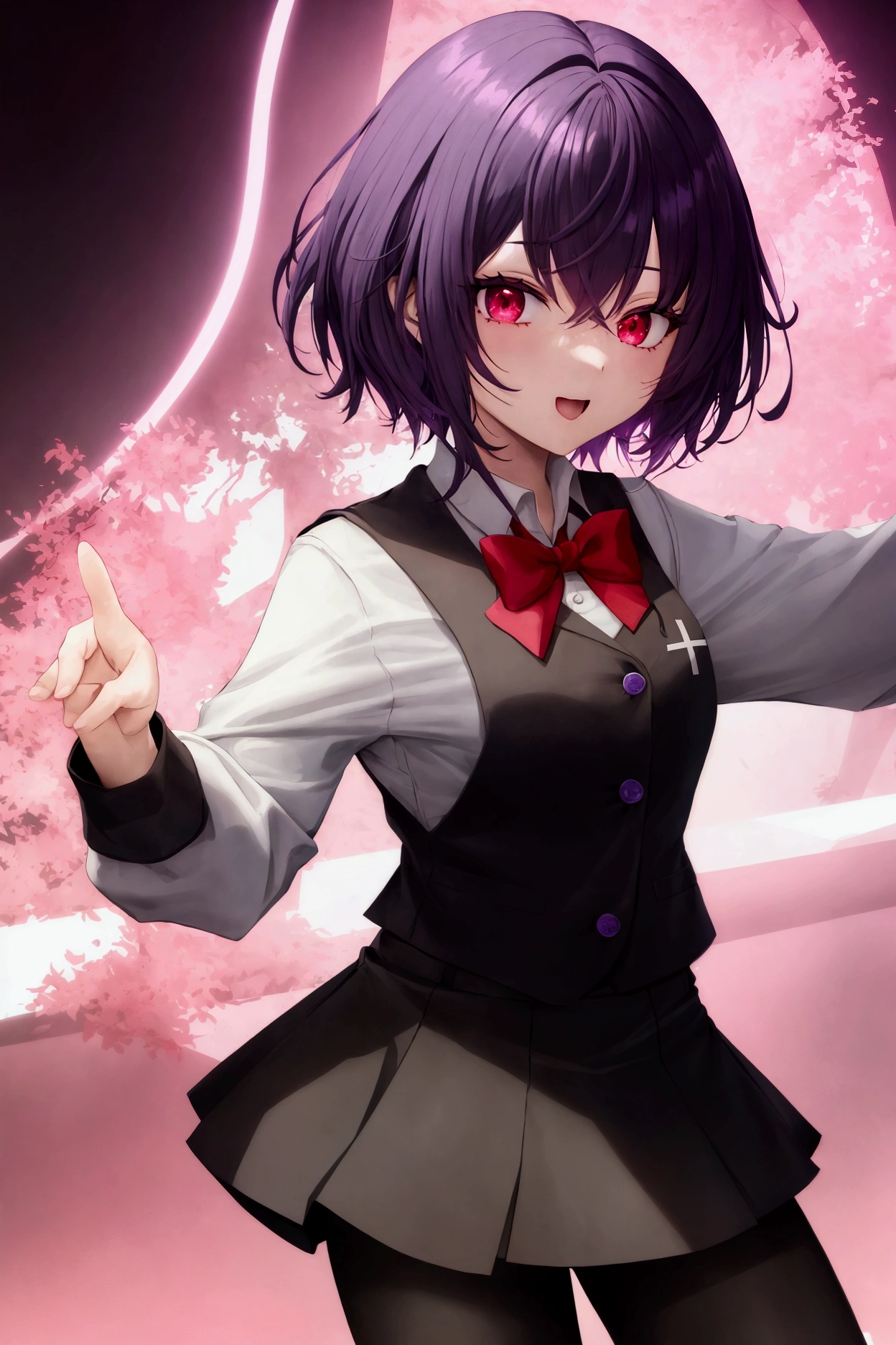 Generate teen anime girl with purple boy short hair and red eyes wearing white long sleeve shirt inside the black 4 buttons vest and black uniform pants with cheerfull personality