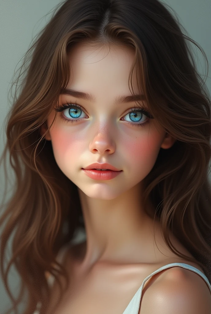Beautiful girl with long curly brown hair and blue eyes