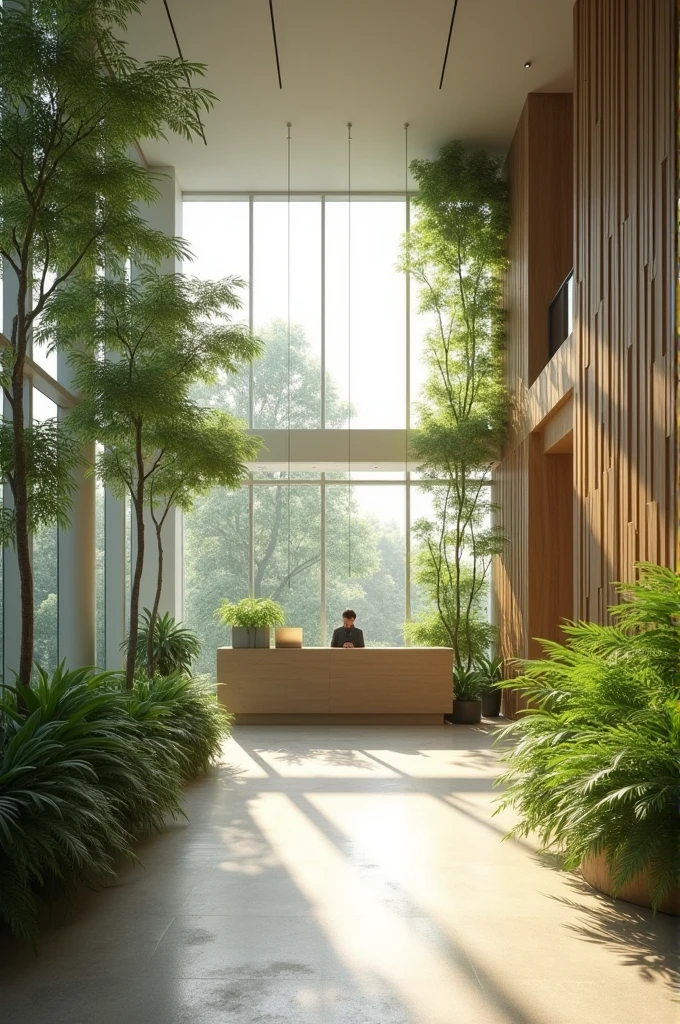 Imagine a minimalist style student residence reception, with vegetation