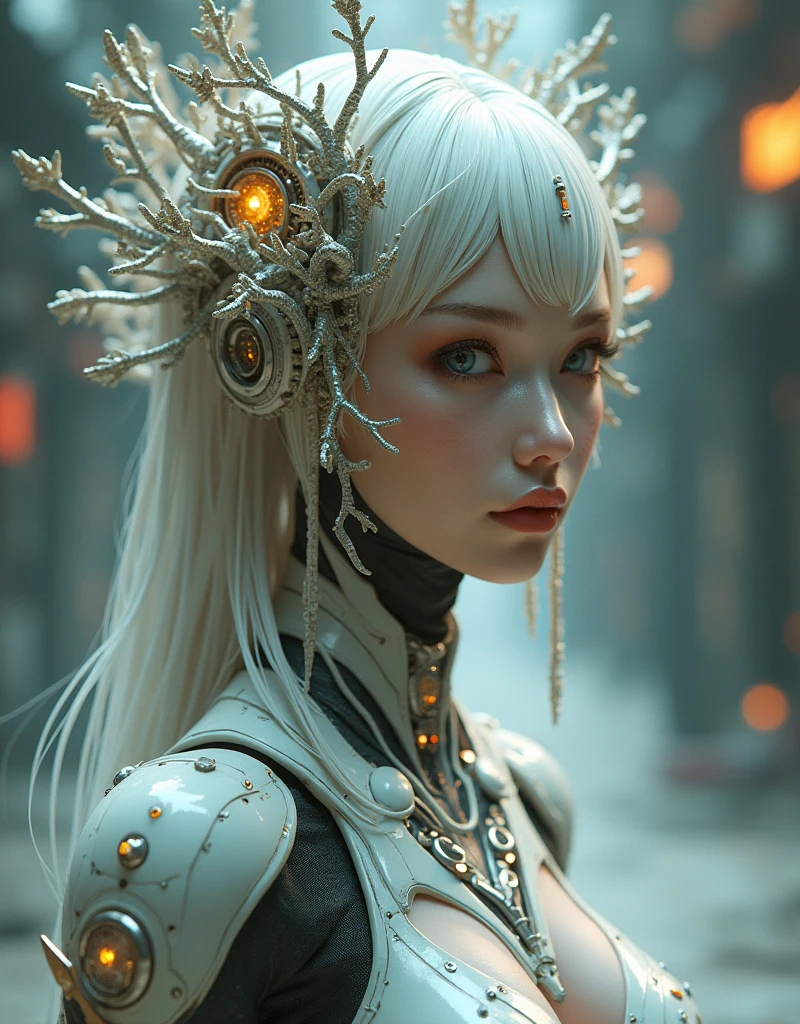 Manami Kinoshita, portrait character design beautiful elegant cyborg warrior made of white porcelain, beautiful huge eyes, metallic intricate herbacious headdress branches leaves and roots, fine details, elegant, volumetric lighting, natural soft rim light, octane rendered, sharp focus, emitting diodes, smoke, artillery, sparks, racks, system unit, motherboard, by pascal blanche rutkowski repin artstation hyperrealism painting concept art of detailed character design matte painting, 4 k resolution blade runner