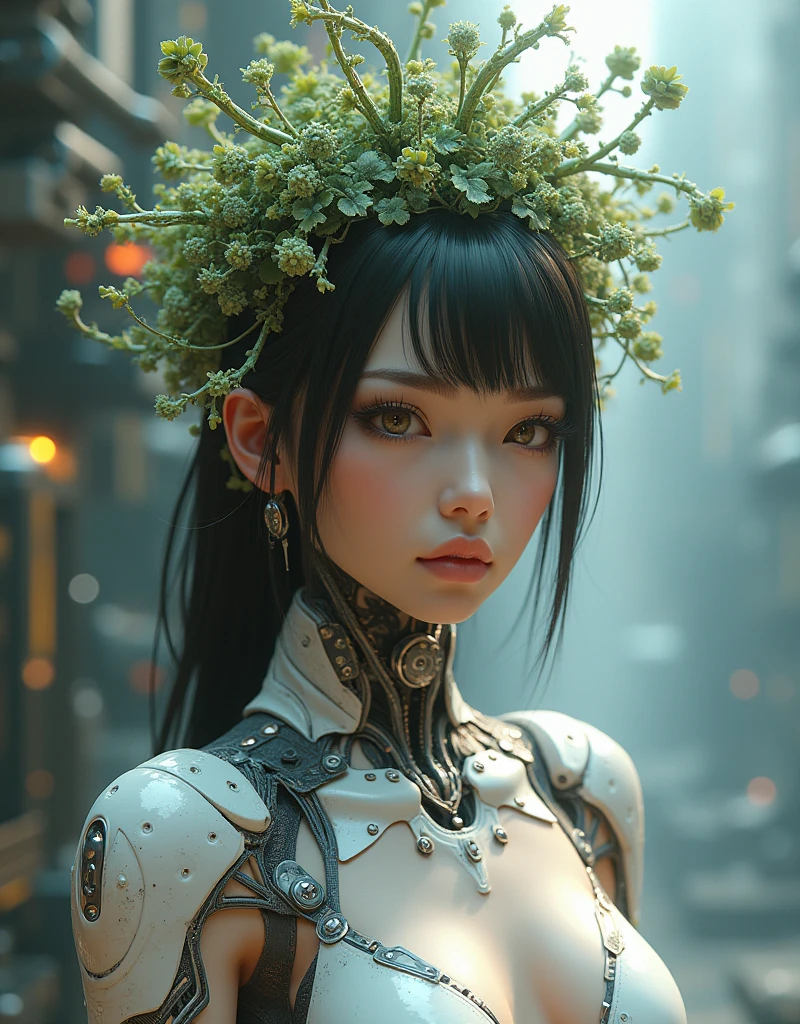 Manami Kinoshita, portrait character design beautiful elegant cyborg warrior made of white porcelain, beautiful huge eyes, metallic intricate herbacious headdress branches leaves and roots, fine details, elegant, volumetric lighting, natural soft rim light, octane rendered, sharp focus, emitting diodes, smoke, artillery, sparks, racks, system unit, motherboard, by pascal blanche rutkowski repin artstation hyperrealism painting concept art of detailed character design matte painting, 4 k resolution blade runner