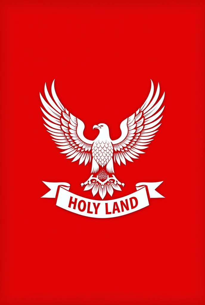 create a logo for a business card with an eagle with transparent details in white with a completely red background having a banner written holy land