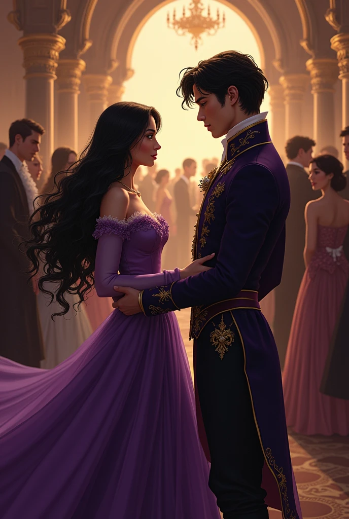 a handsome young man in his twenties at a ball in the Middle Ages. he is a prince. he has black hair and lovely sharp features, his eyes are ice blue. At the ball he saw a beautiful young woman his age, she was wearing a dark purple dress the color of amethyst. He has long black hair and green eyes. the man is secretly watching her, but she doesn't notice him.