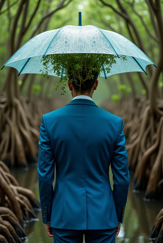 Make me a suit with recyclable materials on mangroves that is blue and has an umbrella where mangroves that are made with recycled material come out