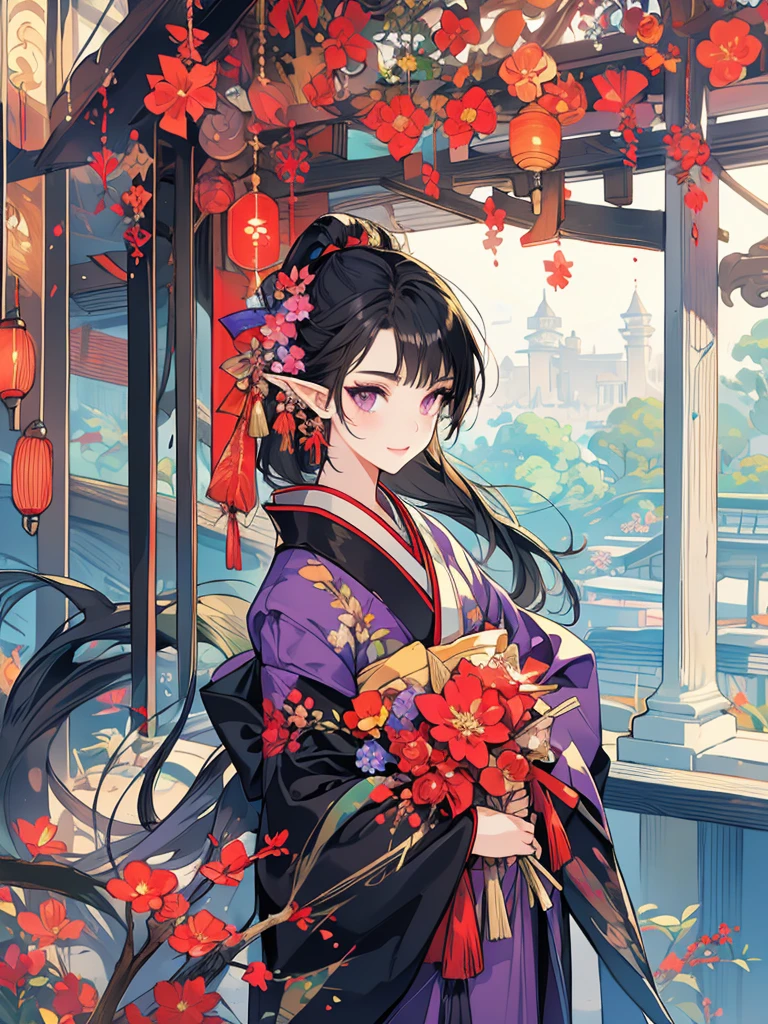 masterpiece, best quality, 1girl, ultra detailed, ultra highres, well-definded facial features, anatomically correct, cute girl, long pointy ears, elf, nice face,black hair, puple eyes, kimono, hakama, art deco, large bunch of flowers