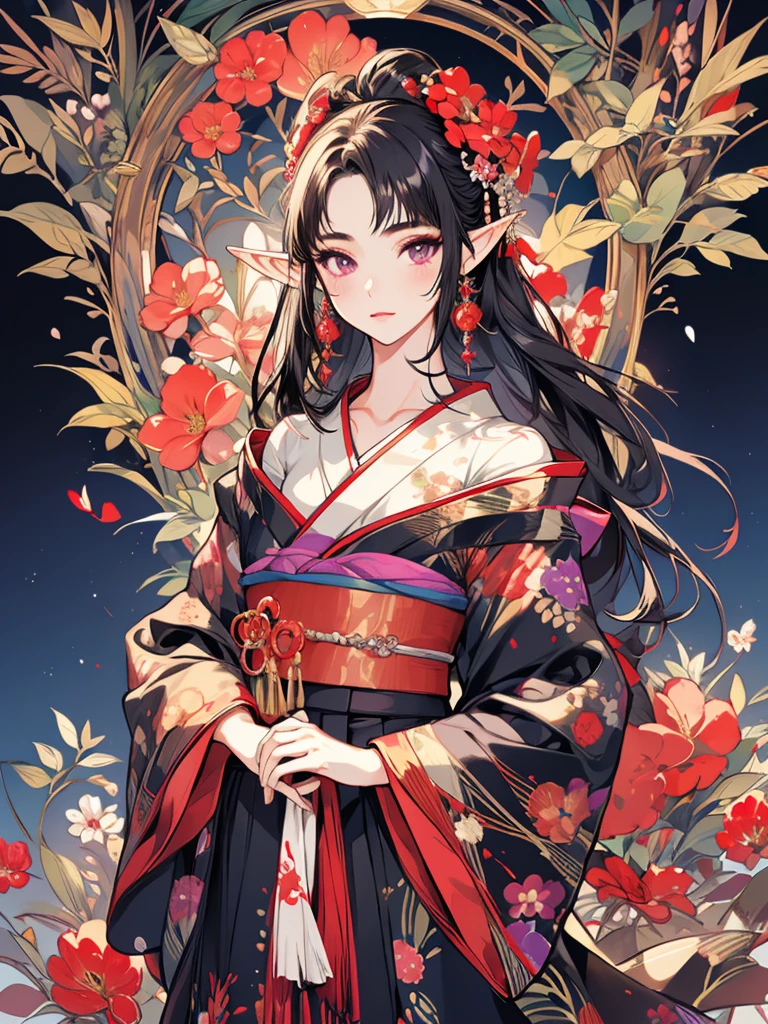 masterpiece, best quality, 1girl, ultra detailed, ultra highres, well-definded facial features, anatomically correct, cute girl, long pointy ears, elf, nice face,black hair, puple eyes, kimono, hakama, art deco, large bunch of flowers