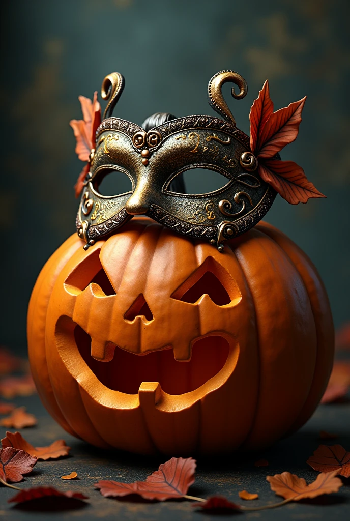 A Halloween pumpkin with a Venetian mask