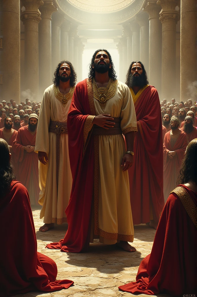 shadrach, Meshach and Abednego standing with everyone around them prostrated