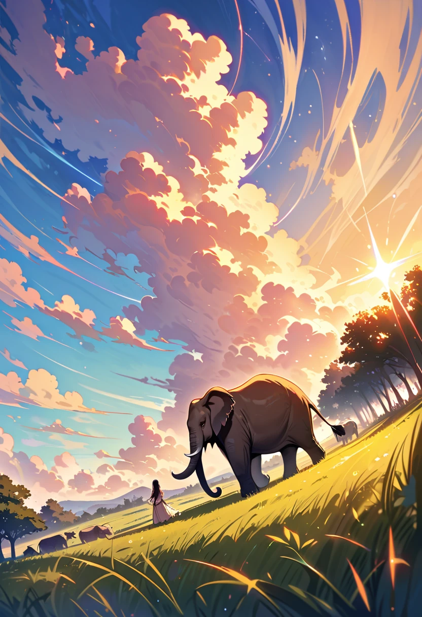 ((masterpiece, Highest quality, Super detailed)), (Shiny Hair:1.4),(Ultra Wide Angle, beautiful, Subtle details,), Pasture, Lion Family, Sleep, Delicate depiction, Clear sky, Savannah Sun, Carefully drawing each blade of grass, Trees here and there々The lush savanna, Wind, Elephant walking in the distance,