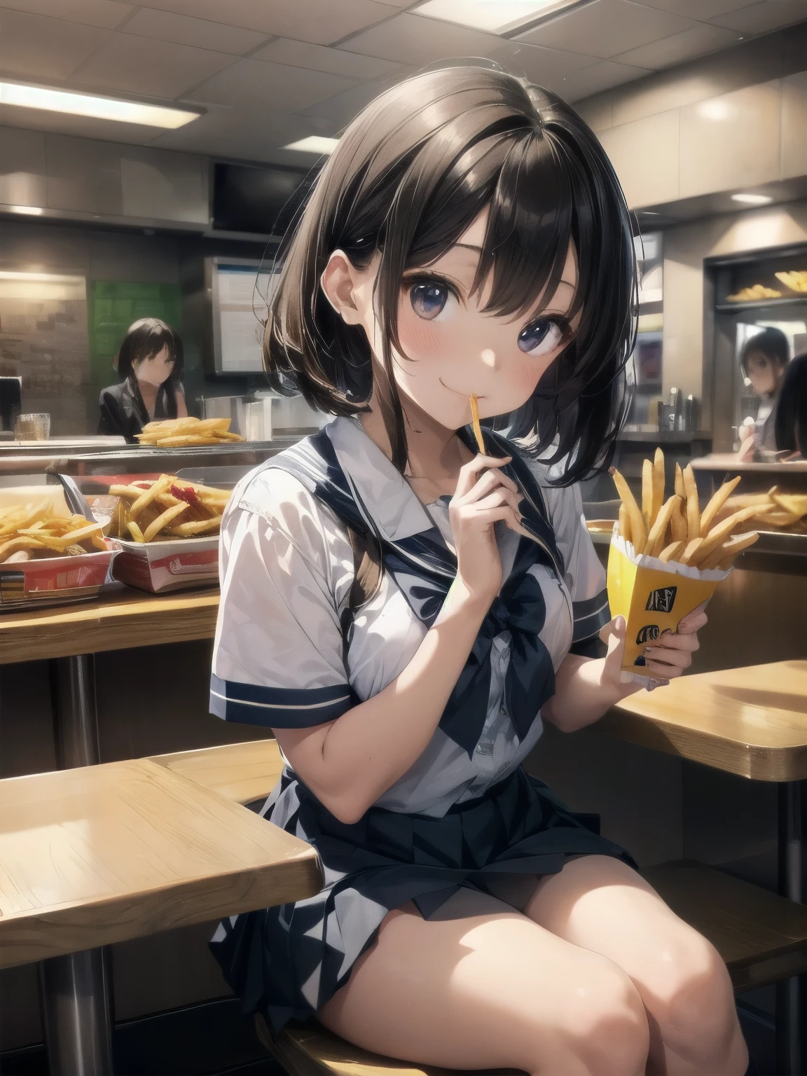 Very beautiful girl, He smiles and talks while eating a stick of French fries., Light brown hair, Layered short bob hair, high school girl, High school girls uniform, Checkered pleated skirt, Inside a fast food restaurant, Sit down., after school
